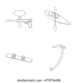 Paintball marker, kayak with a paddle, snowboard and climbing ice ax.Extreme sport set collection icons in outline style vector symbol stock illustration web.