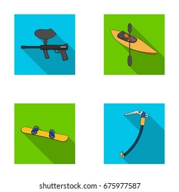 Paintball marker, kayak with a paddle, snowboard and climbing ice ax.Extreme sport set collection icons in flat style vector symbol stock illustration web.