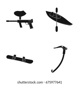 Paintball marker, kayak with a paddle, snowboard and climbing ice ax.Extreme sport set collection icons in black style vector symbol stock illustration web.