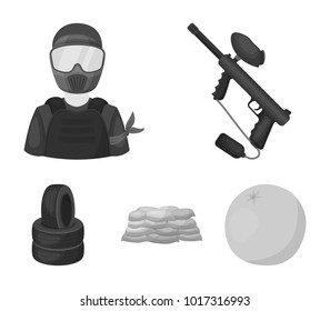 Paintball marker, player and other accessories. Paintball single icon in monochrome style vector symbol stock illustration web.