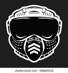 Paintball mask. Gasmask. Helmet. Headgear. White sign isolated on black background.