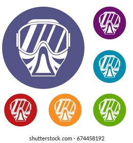 Paintball mask icons set in flat circle reb, blue and green color for web