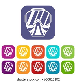 Paintball mask icons set vector illustration in flat style in colors red, blue, green, and other