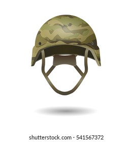 Paintball military modern camouflage helmet. Army symbol of defense. Plastic toy hat in khaki color. Military camo defense headwear. Guard protective element. Safety head cover. Vector illustration