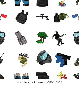 Paintball pattern icons in cartoon style. Big collection of paintball vector symbol stock illustration