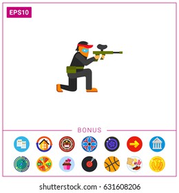 Paintball player aiming with gun icon