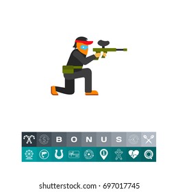 Paintball player aiming with gun icon