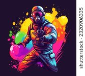 Paintball player in armored vest, helmet, face glasses and protective mask. Colorful exploding splashes on background. Cartoon vector illustration.