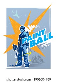 Paintball player is standing after win. Illustration for poster, sticker or banner