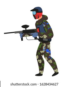 Paintball player in standing position isolated on white. Man in dirty military camouflage and protective blue mask holding shoot gun in hands full length portrait. Team game. Vector illustration