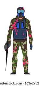 Paintball player in standing position isolated on white. Man in dirty military camouflage and protective blue mask holding shoot gun in hands full length portrait. Team game. Vector illustration