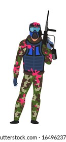 Paintball player in standing position isolated on white. Man in dirty military camouflage and protective blue mask holding shoot gun in hands full length portrait. Team game. Vector illustration