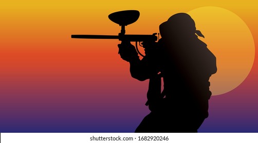 Paintball Player With Sunset Background Vector Illustration