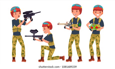 Paintball Player Vector. Battle. Team Members. Professional Gamer. Bright Splashes. Uniform. Competitions. Flat Cartoon Illustration