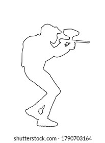 Paintball player vector line contour silhouette isolated on white. Extreme sport game. Aiming man with rifle shooting on target. Active boy with rifle adrenaline battle. Anti stress outdoor activity.