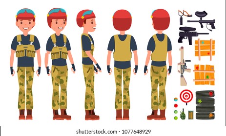 Paintball Player Vector. Professional Gamer. Bright Splashes. Uniform. Competitions. Paintball Weapon. Man Paintball Player. Flat Cartoon Illustration