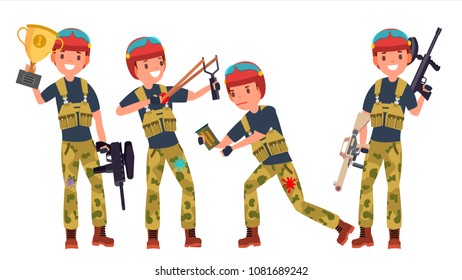 Paintball Player Vector. Shooting, Running. Teammates In Different Poses. Gun. Battle Sport Competitions. Cartoon Character Illustration
