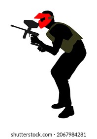 Paintball player vector silhouette illustration isolated on white. Extreme sport game. Aiming man with rifle shooting on target. Active boy with rifle adrenaline battle. Anti stress outdoor activity.