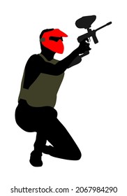 Paintball player vector silhouette illustration isolated on white. Extreme sport game. Aiming man with rifle shooting on target. Active boy with rifle adrenaline battle. Anti stress outdoor activity.