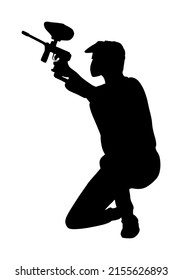 Paintball player vector silhouette illustration isolated on white. Extreme sport game. Aiming man with rifle shooting on target. Active boy with rifle adrenaline battle. Anti stress outdoor activity.