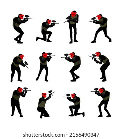 Ilustración de silueta vectorial del jugador de bola de pintura aislada en blanco. Juego deportivo extremo. Hombre con rifle disparando al blanco. Niño activo con fusil de batalla adrenalina. Actividades al aire libre anti estrés.