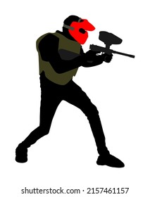 Paintball player vector silhouette illustration isolated on white. Extreme sport game. Aiming man with rifle shooting on target. Active boy with rifle adrenaline battle. Anti stress outdoor activity.
