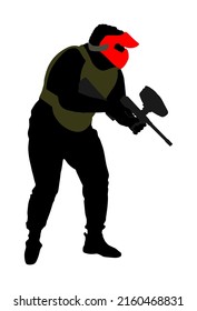 Ilustración de silueta vectorial del jugador de bola de pintura aislada en blanco. Juego deportivo extremo. Hombre con rifle disparando al blanco. Niño activo con fusil de batalla adrenalina. Actividades al aire libre anti estrés.