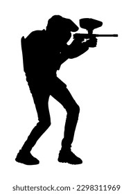 Ilustración de silueta vectorial del jugador de bola de pintura aislada en blanco. Juego deportivo extremo. Hombre con rifle disparando al blanco. Niño activo con fusil de batalla adrenalina. Actividades al aire libre anti estrés.