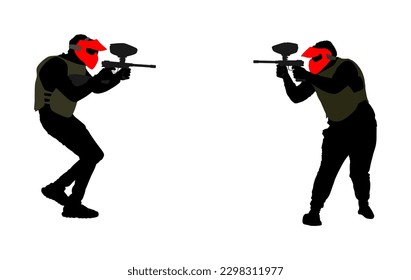 Ilustración de silueta vectorial del jugador de bola de pintura aislada en blanco. Juego deportivo extremo. Hombre con rifle disparando al blanco. Niño activo con fusil de batalla adrenalina. Actividades al aire libre anti estrés.