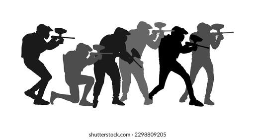 Ilustración de silueta vectorial del jugador de bola de pintura aislada en blanco. Juego deportivo extremo. Hombre con rifle disparando al blanco. Niño activo con fusil de batalla adrenalina. Actividades al aire libre anti estrés.