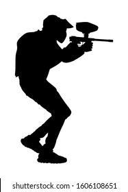 Paintball player vector silhouette isolated on white background. Extreme sport game. Aiming man with rifle shooting on target. Active boy with rifle in adrenaline battle. Anti stress outdoor activity.