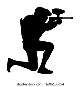 Paintball player vector silhouette isolated on white background. Extreme sport game. Aiming man with rifle shooting on target. Active boy with rifle in adrenaline battle. Anti stress outdoor activity.