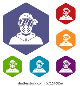 Paintball player wearing protective mask icons set rhombus in different colors isolated on white background