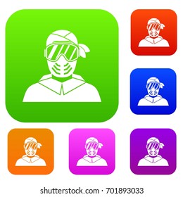 Paintball player wearing protective mask set icon in different colors isolated vector illustration. Premium collection
