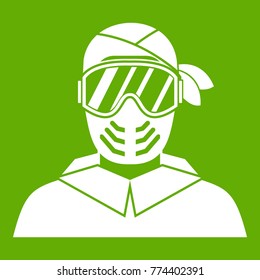 Paintball player wearing protective mask icon white isolated on green background. Vector illustration