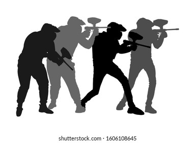 Paintball players vector silhouette isolated on white background. Extreme sport game. Aiming man with rifle shooting on target. Active boy with rifle in adrenaline battle. Group of friends team work.