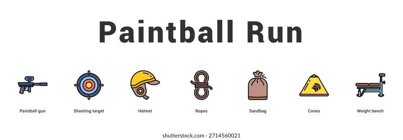 Paintball Run Ilustración de Anuncio de Web moderno y limpio con íconos temáticos para la comunicación visual
