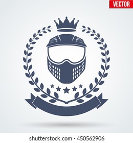 Paintball sports Signs and Label with mask and crown. Emblem of tournament or club. Editable Vector illustration Isolated on background.
