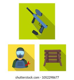 Paintball, team game flat icons in set collection for design. Equipment and outfit vector symbol stock web illustration.