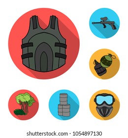 Paintball, team game flat icons in set collection for design. Equipment and outfit vector symbol stock web illustration.