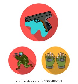 Paintball, team game flat icons in set collection for design. Equipment and outfit vector symbol stock web illustration.