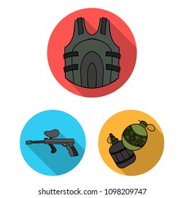 Paintball, team game flat icons in set collection for design. Equipment and outfit vector symbol stock web illustration.