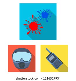 Paintball, team game flat icons in set collection for design. Equipment and outfit vector symbol stock web illustration.