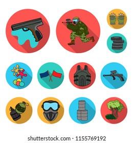 Paintball, team game flat icons in set collection for design. Equipment and outfit vector symbol stock web illustration.