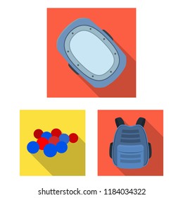 Paintball, team game flat icons in set collection for design. Equipment and outfit vector symbol stock web illustration.