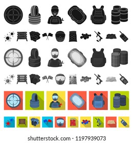Paintball, team game flat icons in set collection for design. Equipment and outfit vector symbol stock web illustration.