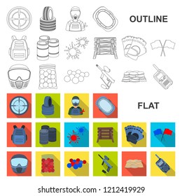 Paintball, team game flat icons in set collection for design. Equipment and outfit vector symbol stock web illustration.