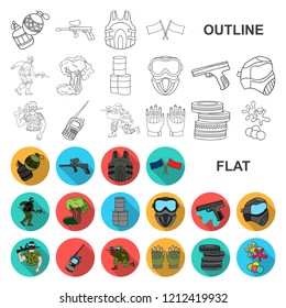 Paintball, team game flat icons in set collection for design. Equipment and outfit vector symbol stock web illustration.