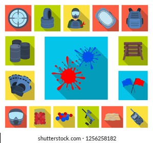 Paintball, team game flat icons in set collection for design. Equipment and outfit vector symbol stock web illustration.