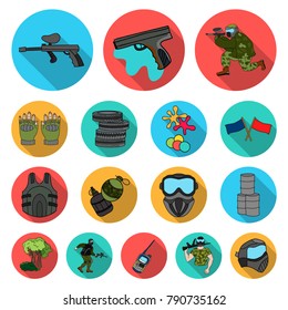 Paintball, team game flat icons in set collection for design. Equipment and outfit vector symbol stock web illustration.